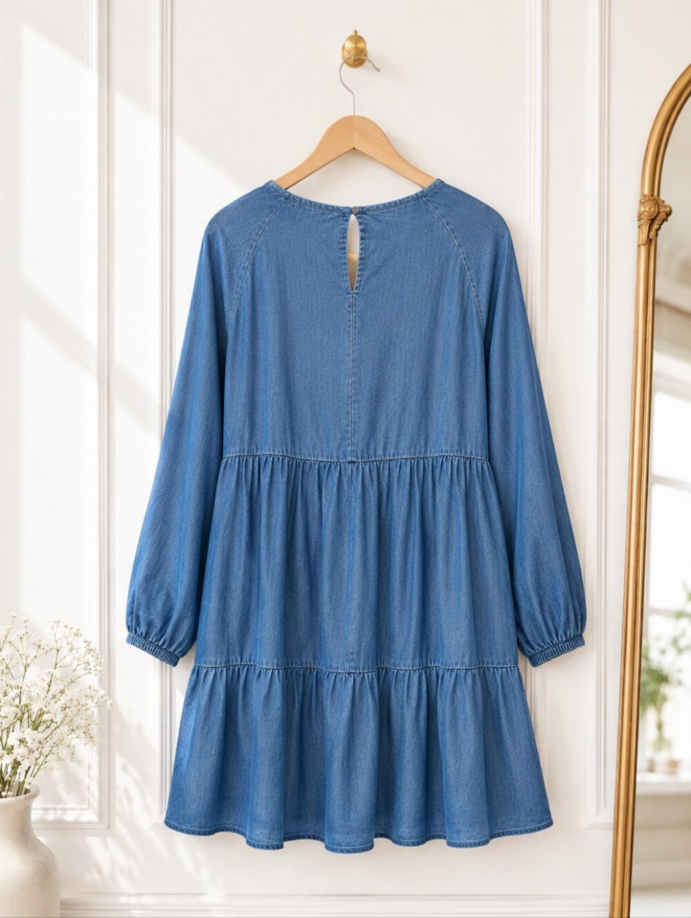 BeachLunchLounge Blue Tiered Mini Dress Size XS | Oversized Boho Lyocell Dress - Picture 6 of 8